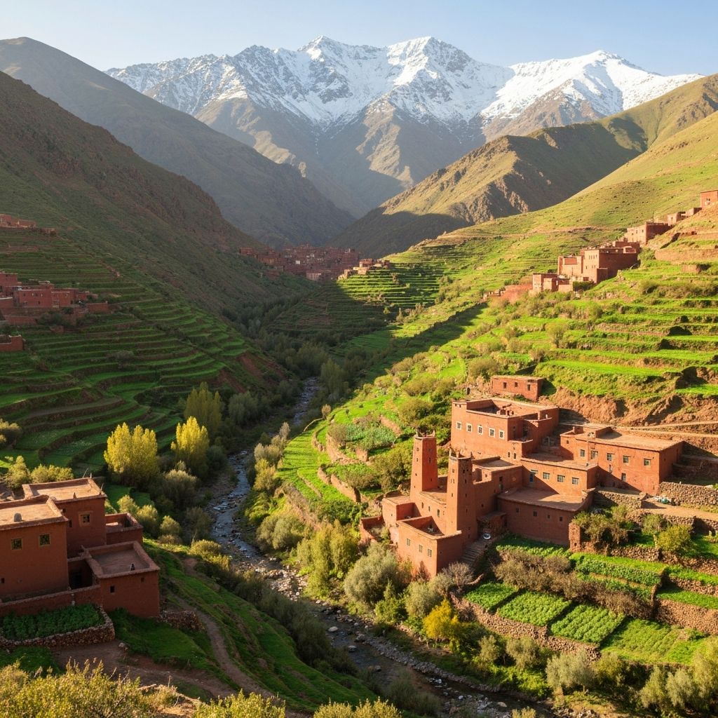 Ourika Valley waterfall and green terraced hillside in the Atlas Mountains, Morocco